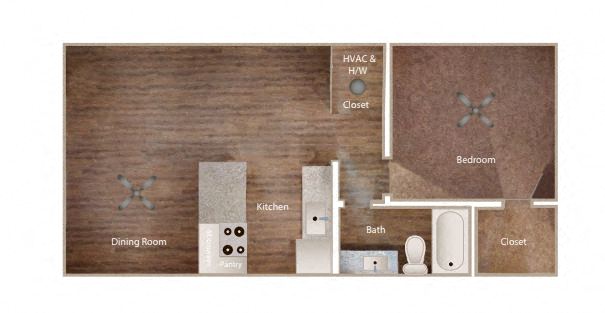 Floor plan for 1 bed, 1 bath, 625 sqft